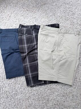 Men's Flat Front Shorts in Navy, Black Plaid, and Khaki